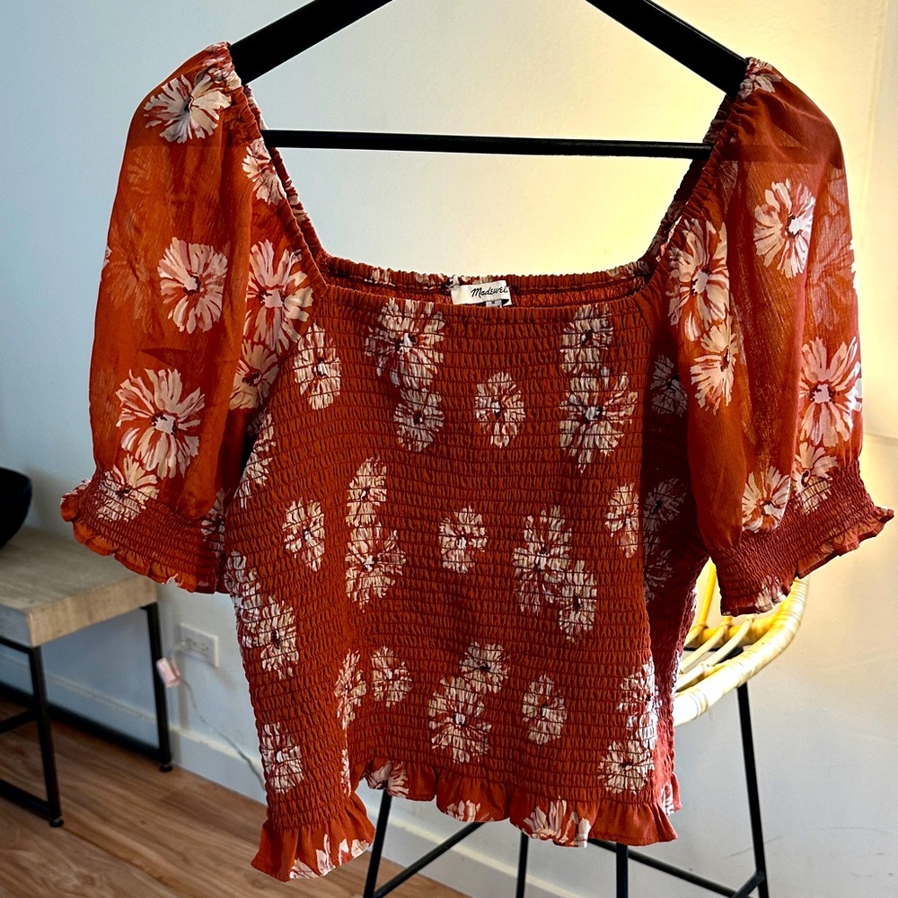 Madewell top, off shoulder red with flower print, stretchy and sheer sleeves